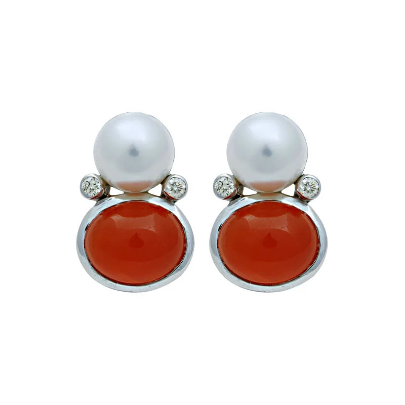 Luxury Diamond Earrings-Earrings-South Sea Pearl, Cornelian and Diamond