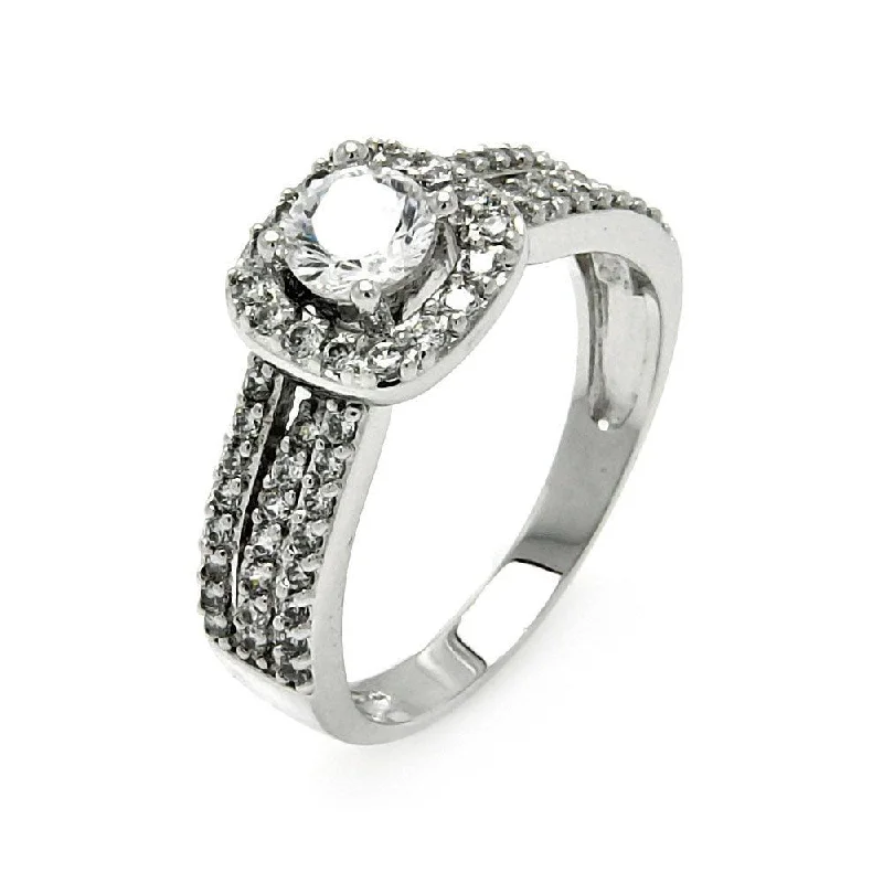 Luxury Diamond Wedding Rings-Silver 925 Rhodium Plated Round Pave Set Center CZ Square Ring - BGR00464