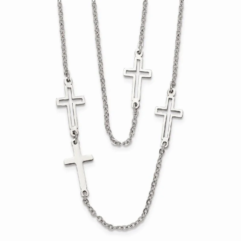 Unique Silver Necklaces-Stainless Steel Two Strand Cross Necklace