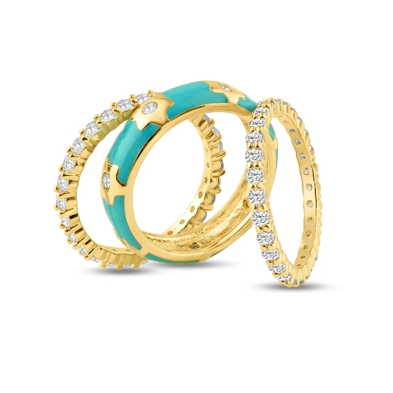 Women’s Engagement Rings-Silver 925 Gold Plated Blue Enamel CZ Flower Stackable Ring Set - STR00554