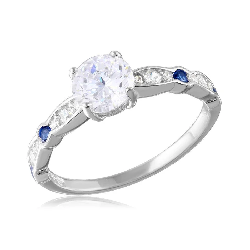 Simple Solitaire Rings-Silver 925 Rhodium Plated Blue and Clear CZ Ring - BGR01077