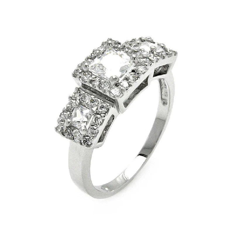 Handcrafted Diamond Rings-Silver 925 Rhodium Plated 3 Set Clear CZ Square Bridal Ring - BGR00543