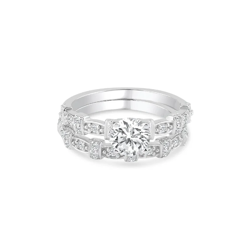 Bold Silver Rings-Silver 925 Rhodium Plated Clear Micro Pave Set and Round Center CZ Delicate Estate Ring Set - BGR00739