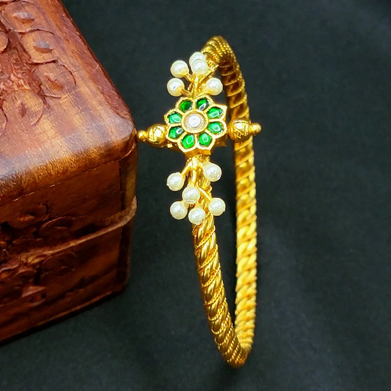 Delicate Wedding Bangles-Openable Green & Pearl Jadau Kundan Bangle