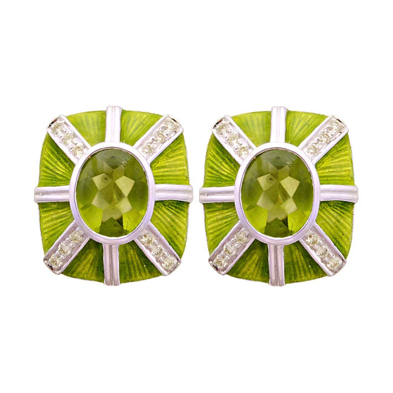 Sterling Silver Earrings-Earrings-Peridot and Diamond (Enamel)