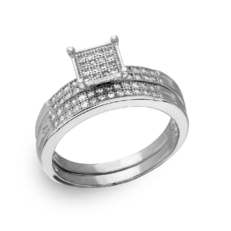 High-Quality Wedding Bands-Silver 925 Rhodium Plated Square Pave Center Trio Bridal Ring - GMR00170