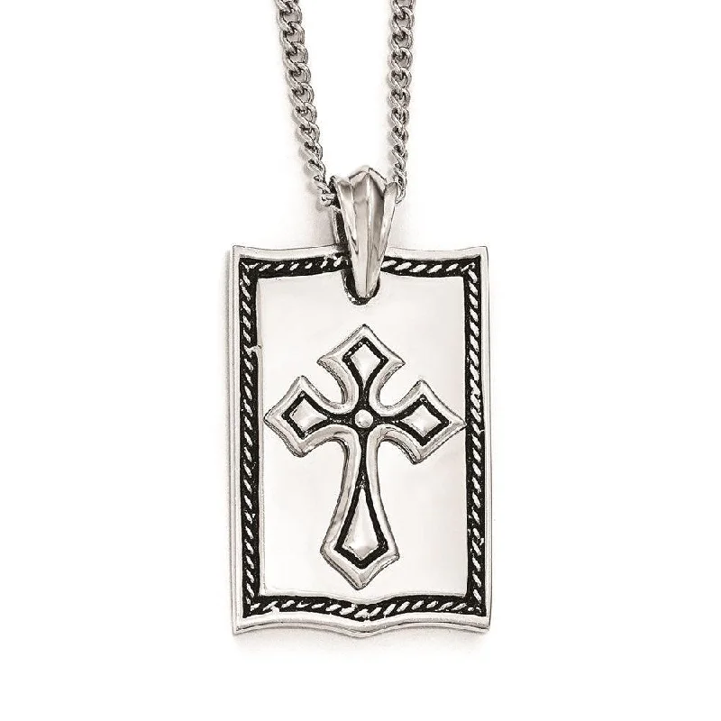 Custom Gold Necklaces-Stainless Steel Antiqued Cross Dog Tag Necklace