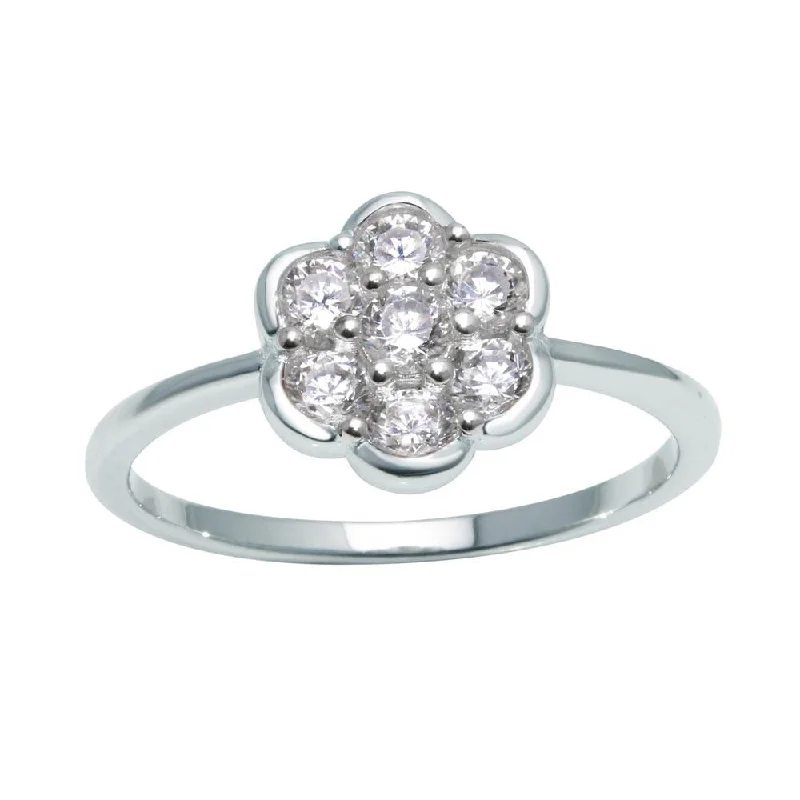 Elegant Gold Rings-Rhodium Plated 925 Sterling Silver Flower Ring with Clear CZ - BGR01152CLR