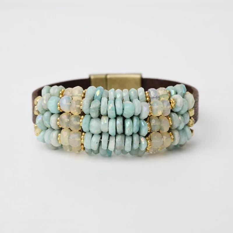 Custom Bangle Bracelets for Weddings-Coated Amazonite, Opal, Vermeil Spacers Leather Bracelet