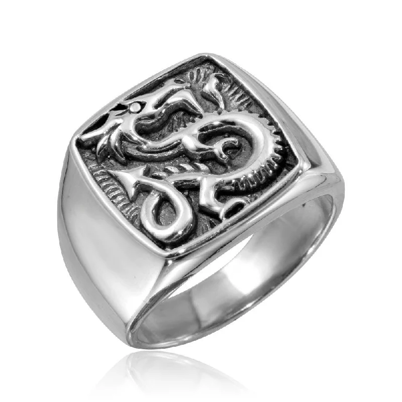 Wedding Ring Bands for Women-High Polished 925 Sterling Silver Square Dragon Ring - CR00797