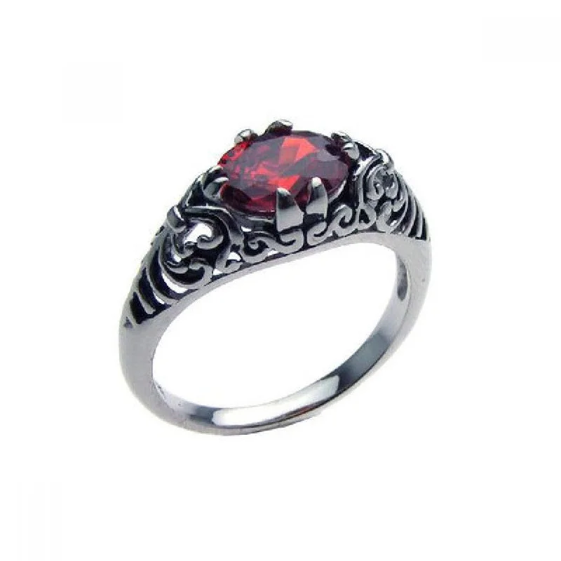 Custom Wedding Bands-Silver 925 Oxidized Rhodium Plated Red CZ Antique Ring - STR00611