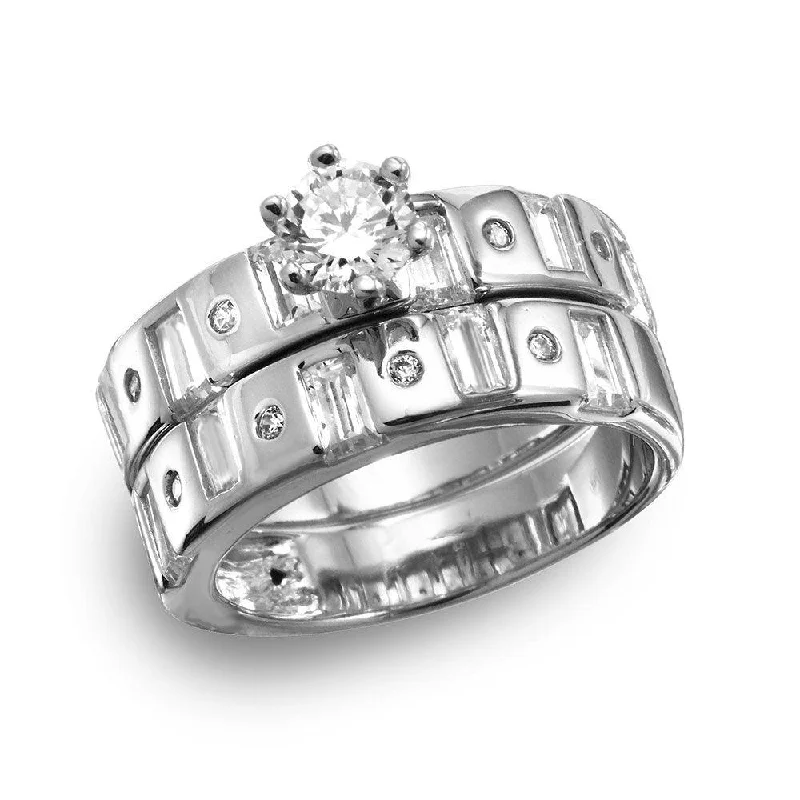 Modern Engagement Rings-Silver 925 Rhodium Plated Baguette CZ Band Engagement Ring - GMR00110