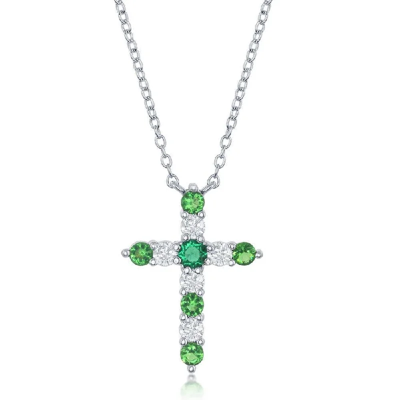 Handmade Necklaces for Women-Sterling Silver Emerald CZ May Birthstone Cross Necklace