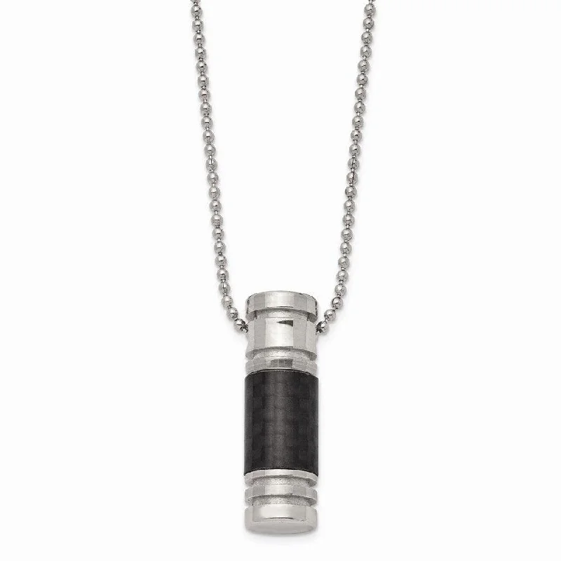 Trendy Chain Necklaces-Stainless Steel Polished Black Carbon Fiber Inlay 22in Necklace