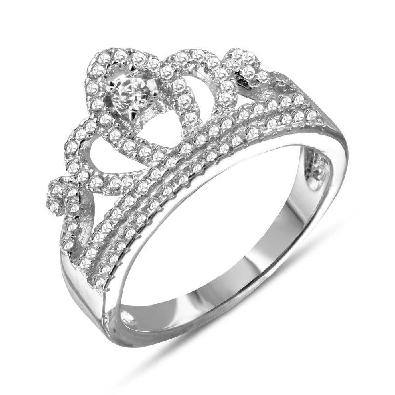 Silver Gemstone Rings-Rhodium Plated 925 Sterling Silver Tiara with CZ Ring - BGR01108