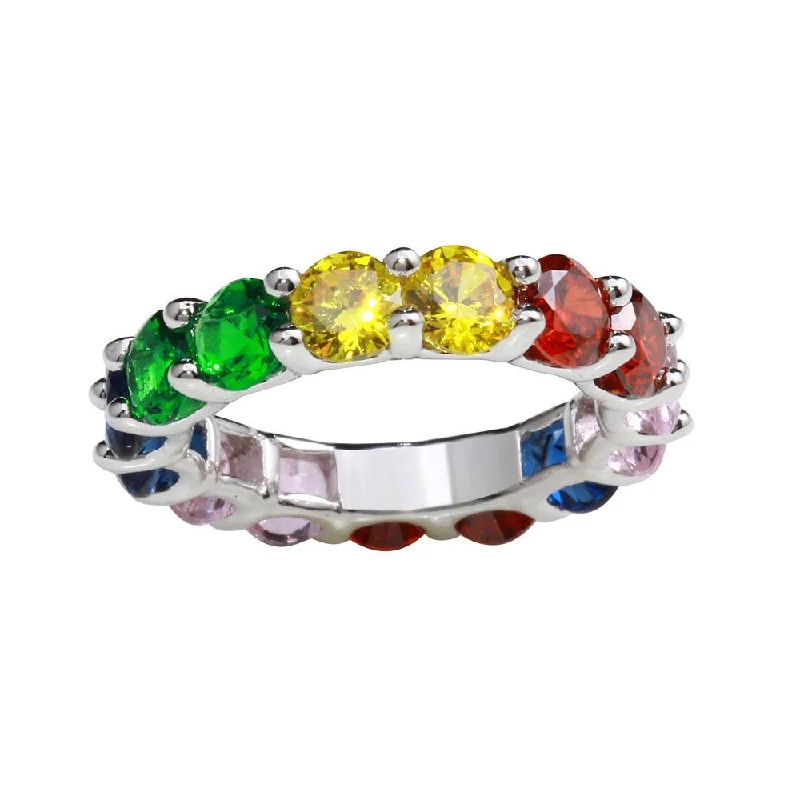 Large Wedding Rings-Rhodium Plated 925 Sterling Silver Plated 925 Sterling Silver Multi-Colored Round CZ Stone Ring - GMR00269RBC