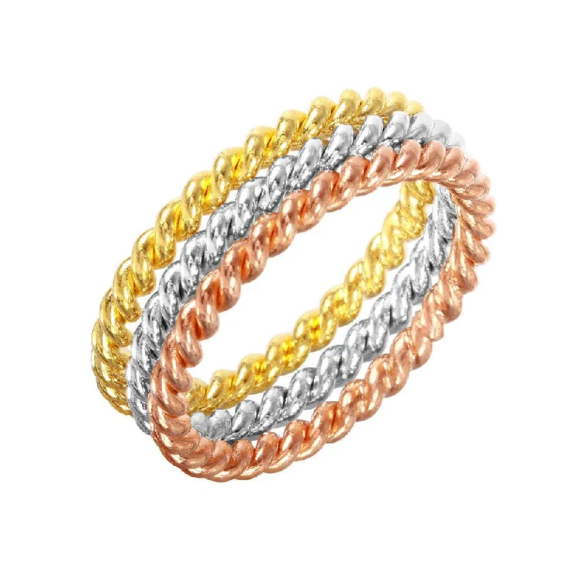 Bold Statement Wedding Rings-Silver 925 Rhodium, Gold, and Rose Gold Plated Stackable Rope Ring - STR00293