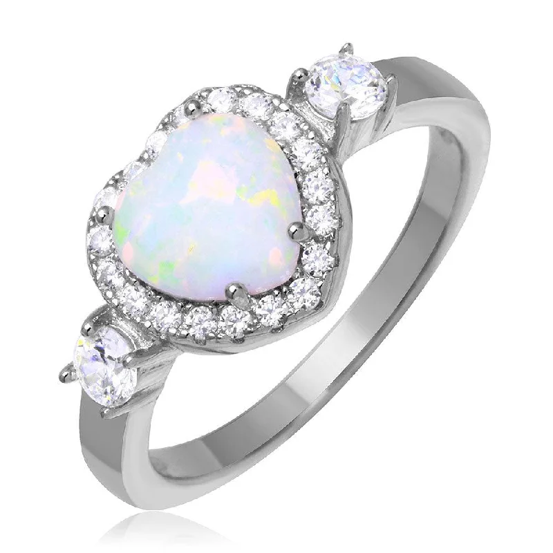 Classic Solitaire Rings-Rhodium Plated 925 Sterling Silver Halo Heart Ring with Synthetic Opal and CZ - BGR01043