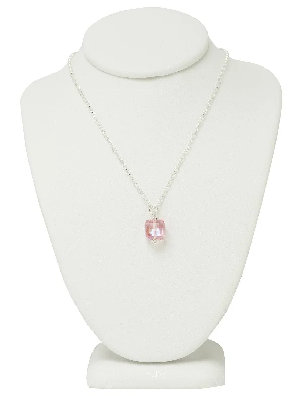 Round Gemstone Necklaces-Rose Pink Crystal Cube Necklace