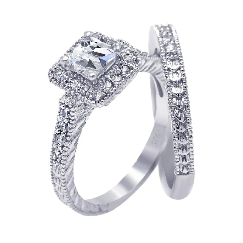 Vintage Wedding Rings-Silver 925 Rhodium Plated Pave Clear Square Cluster CZ Engagement Ring Set - ACR00025