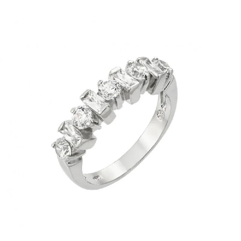 Classic Gold Rings-Silver 925 Rhodium Plated Clear Round and Baguette CZ Half Row Ring - BGR00900