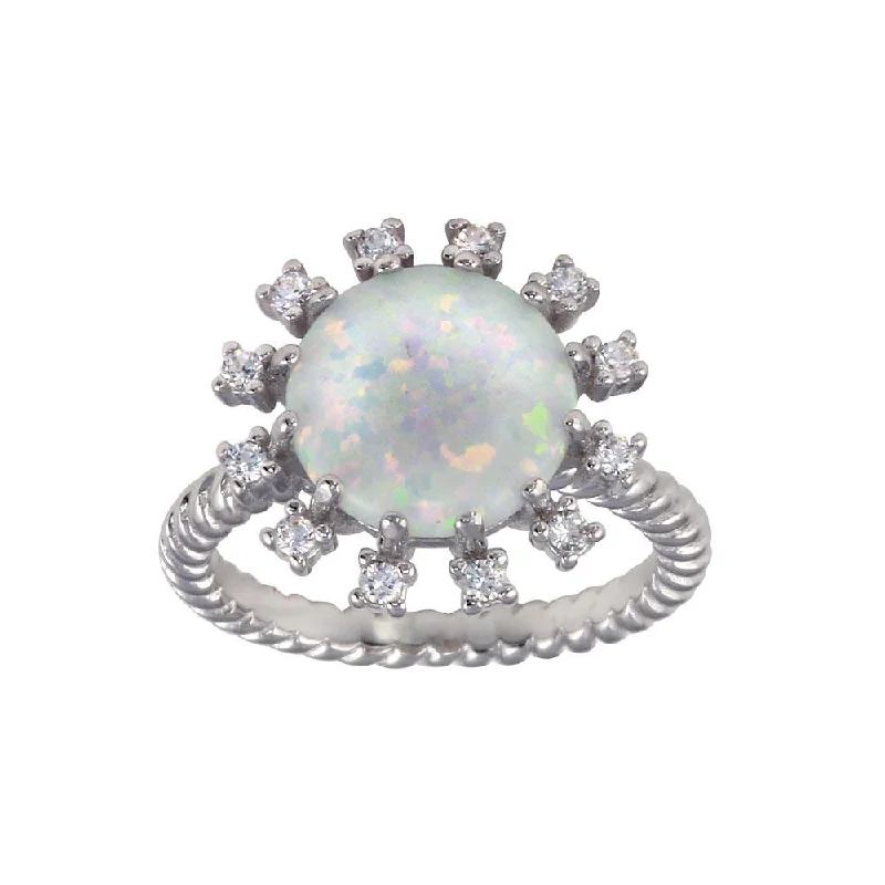 Antique Style Wedding Rings-Rhodium Plated 925 Sterling Silver Round Flower Opal Stone Ring - BGR01297