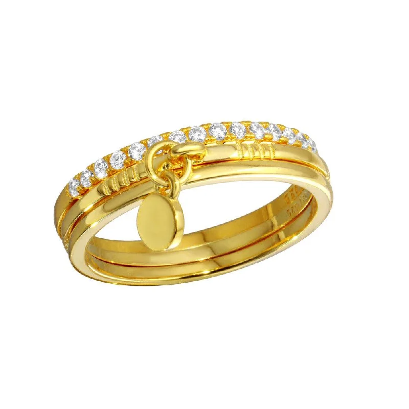 High-End Diamond Rings-Gold Plated 925 Sterling Silver Tri CZ Stackable With Hanging Disc Ring - STR01106GP