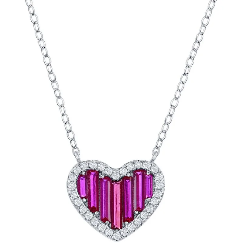 Bold Gold Necklaces-Classic Women's Necklace - Sterling Ruby Round and White Baguette CZ Heart | M-6780