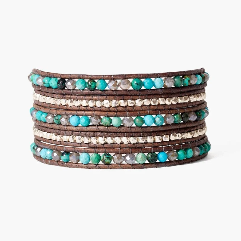 Adjustable Gold Bracelets-Mixed Wrap Bracelet on Leather - Turquoise Mix