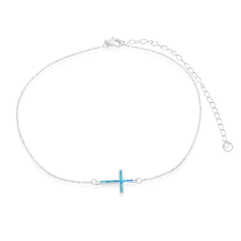 Elegant Diamond Necklaces-Sterling Silver Blue Inlay Opal Sideways Cross Choker Necklace