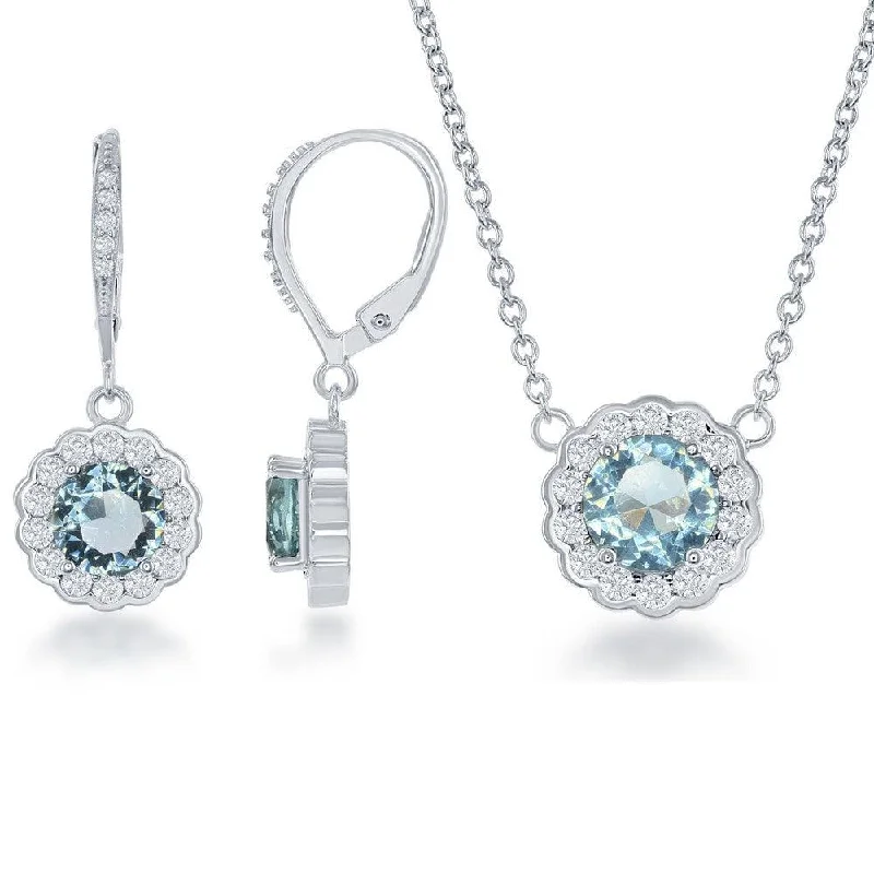 Luxury Crystal Necklaces-Sterling Silver 16+2 Inch December Birthstone With  CZ Border Round Earrings and Necklace Set