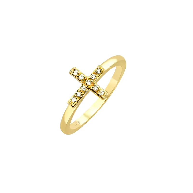 Modern Wedding Ring Sets-Silver 925 Gold Plated Clear CZ Mini Cross Ring - BGR00614GP