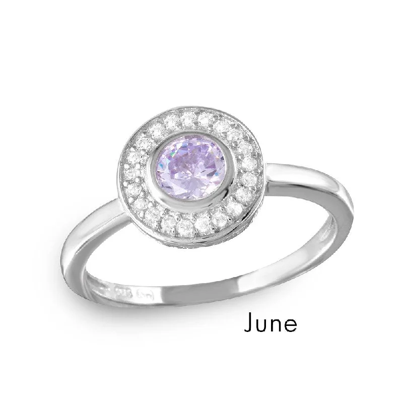 Colorful Engagement Rings-June Sterling Silver 925 Rhodium Plated CZ Center Birthstone Halo Ring - BGR01082JUN