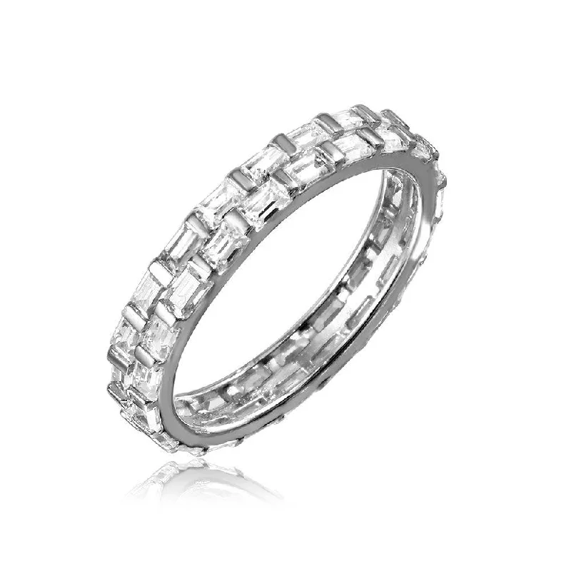 Trendy Engagement Ring Sets-Silver 925 Rhodium Plated Baguette CZ Double Band - GMR00106