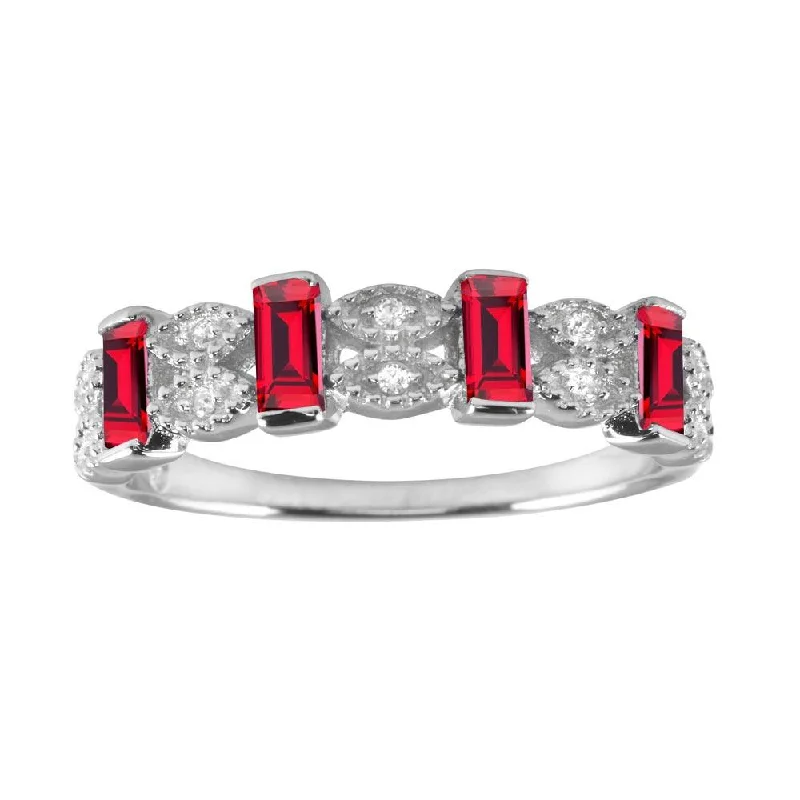 Sterling Silver Rings-Rhodium Plated 925 Sterling Silver Red Bar CZ Link Ring  - BGR01223RED