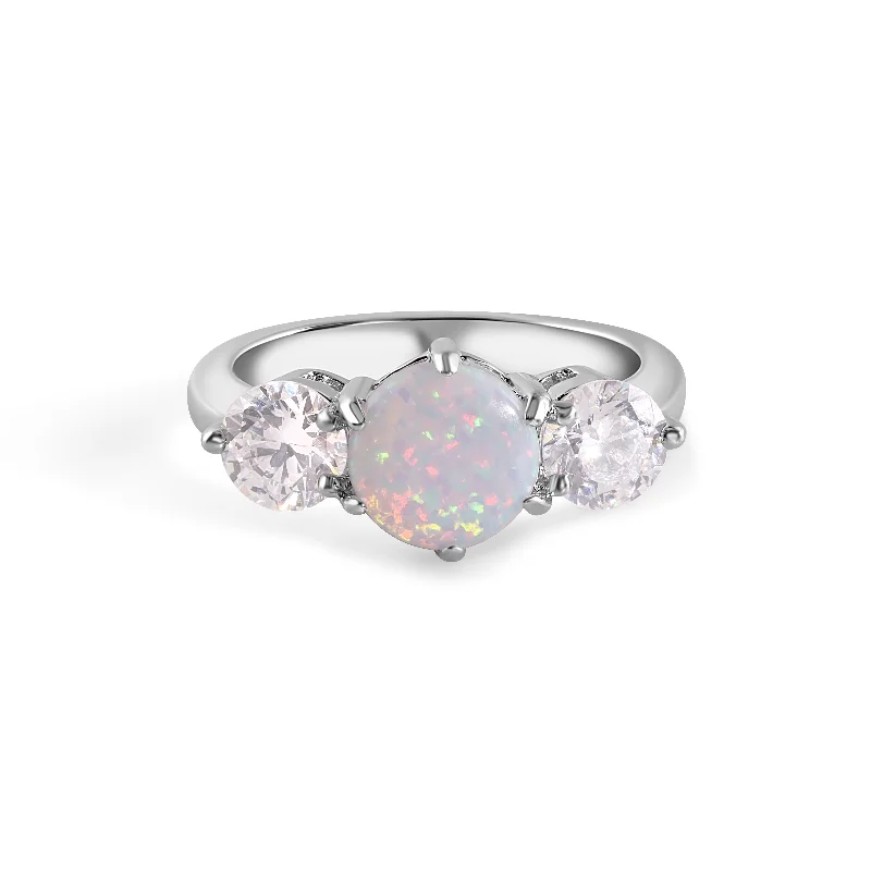 Colored Diamond Rings-Rhodium Plated 925 Sterling Silver Three Stone Trellis Syntethic Opal and Clear CZ Ring - BGR01012