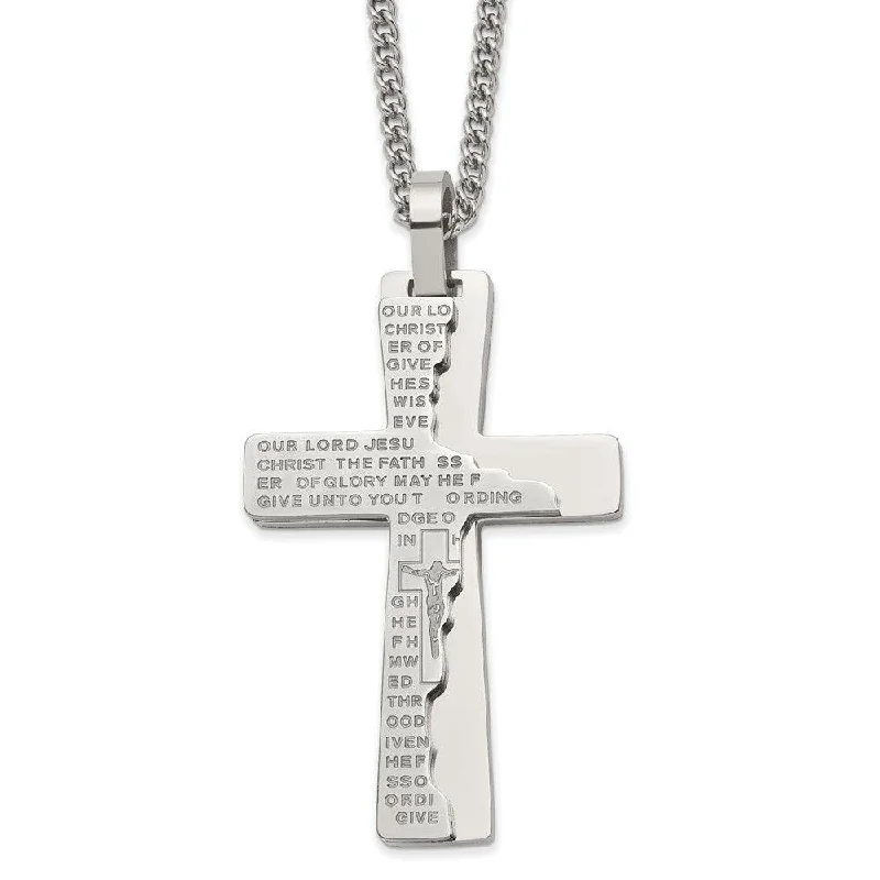 Long Gemstone Necklaces-Stainless Steel Polished Etched Broken Prayer Cross 24in Necklace