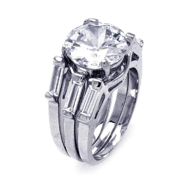 Custom Wedding Rings-Silver 925 Rhodium Plated Single Round Center CZ 3 Row Bridal Ring - BGR00235