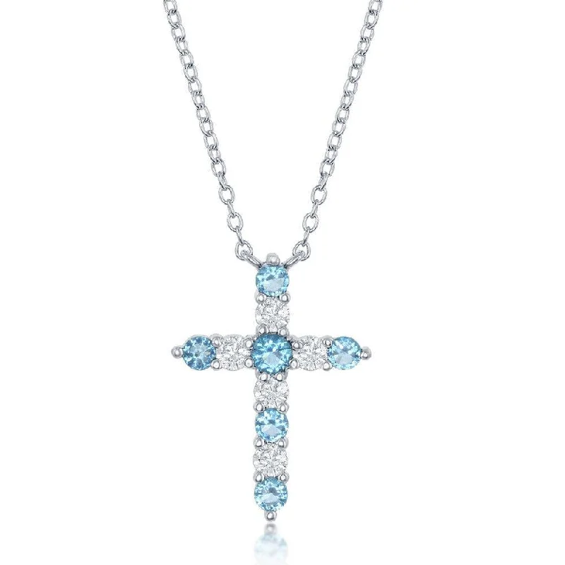 Bridal Pendant Necklaces-Sterling Silver Swiss Blue CZ December Birthstone Cross Necklace