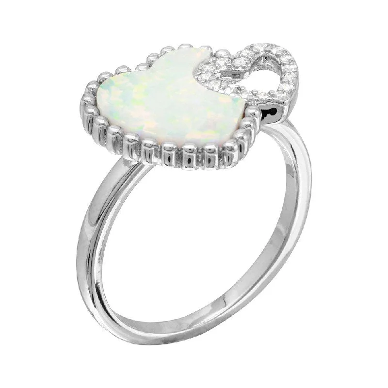 Sparkling Wedding Rings-Rhodium Plated 925 Sterling Silver Double Opal and CZ Heart Ring - BGR01089