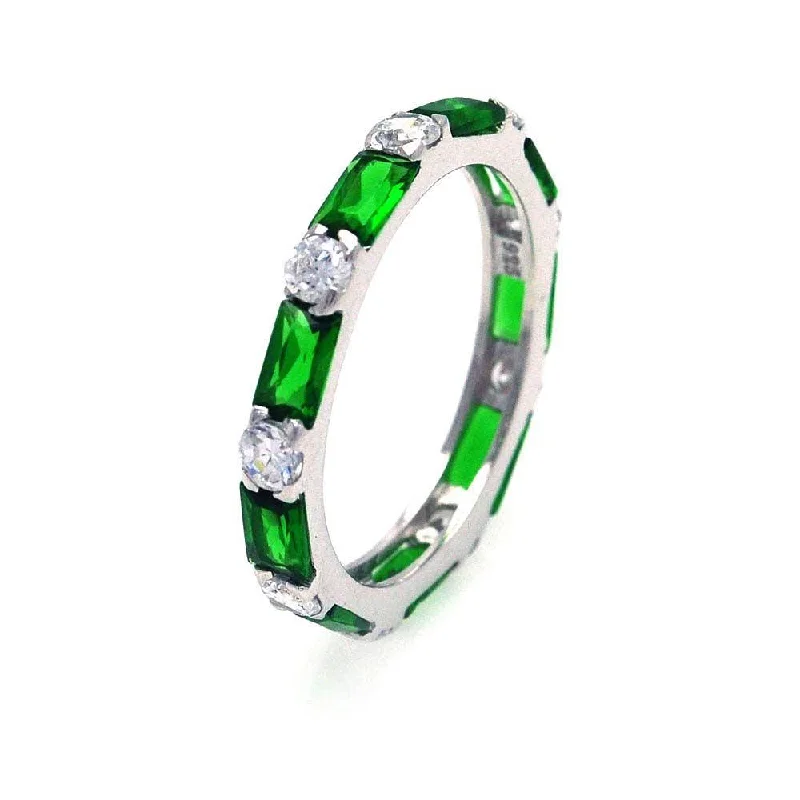 Dainty Gold Rings-Silver 925 Rhodium Plated Green Baguette Clear CZ Eternity Ring - STR00516GREEN