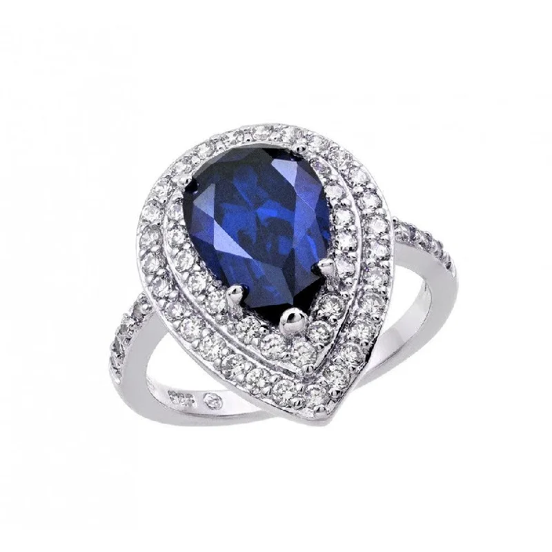 Modern Engagement Rings-Silver 925 Rhodium Plated Blue Center and Clear Cluster CZ Teardrop Ring - BGR00887TAN