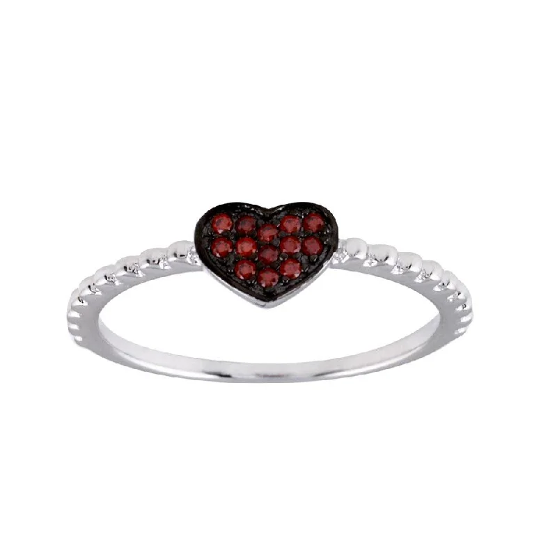 Dainty Gold Rings-Rhodium Plated 925 Sterling Silver Beaded Heart Red CZ Ring - BGR01245RED