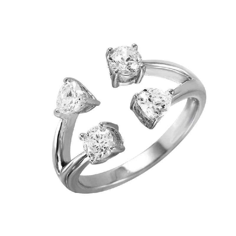 Beautiful Wedding Rings-Silver 925 Rhodium Plated 4 Ends Open Ring with CZ Accents Caps - BGR00985