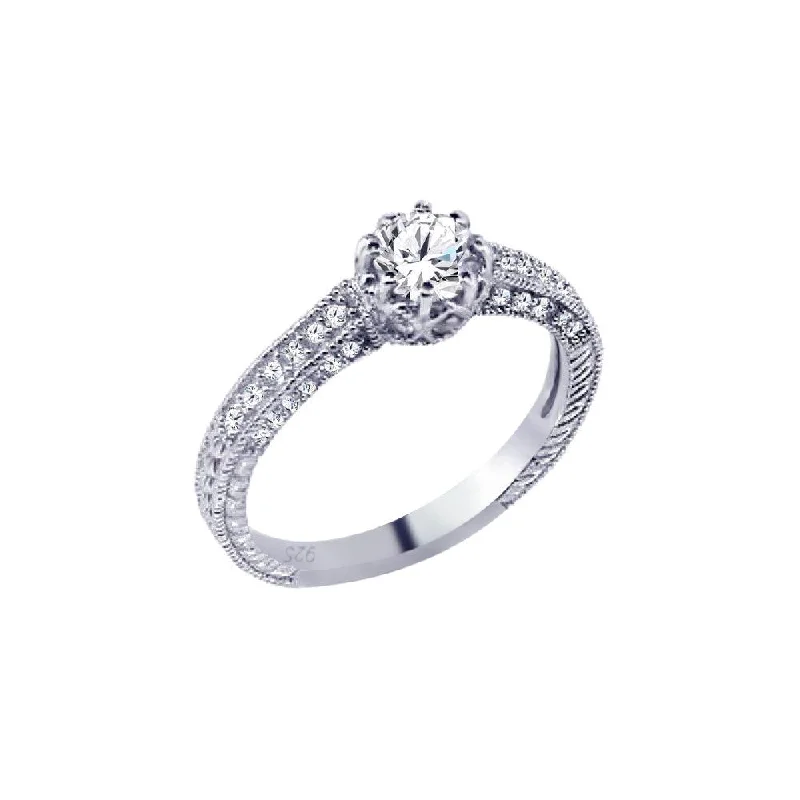 Modern Gemstone Rings-Silver 925 Rhodium Plated Pave Round Center CZ Ring - ACR00026