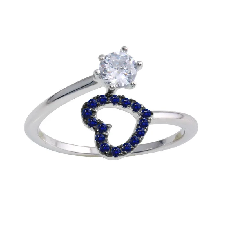 Diamond Engagement Rings-Rhodium Plated 925 Sterling Silver Open Heart Ring with Blue and Clear CZ - BGR01221BLU