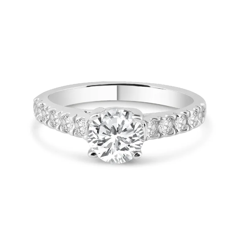 Custom Silver Rings-Silver 925 Rhodium Plated Micro Pave Clear Round Center CZ Ring - ACR00005