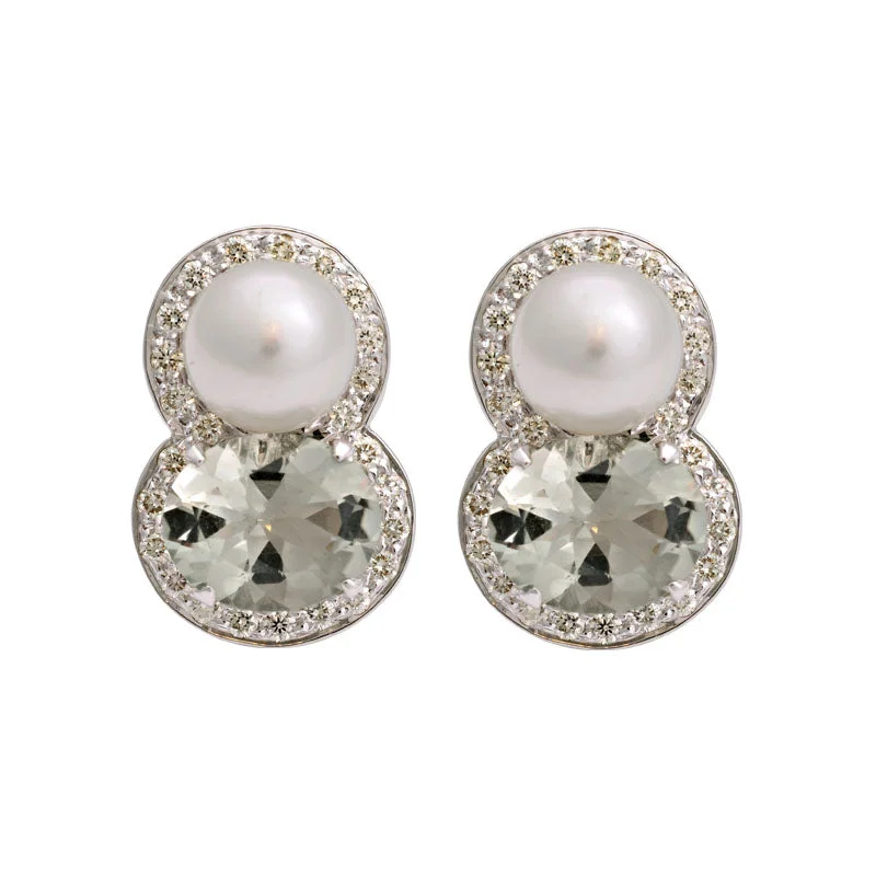 Round Silver Earrings-Earrings-Green Quartz, South Sea Pearl and Diamond