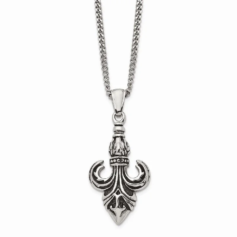 Classic Silver Chain Necklaces-Stainless Steel Polished and Antiqued Fleur de Lis Necklace