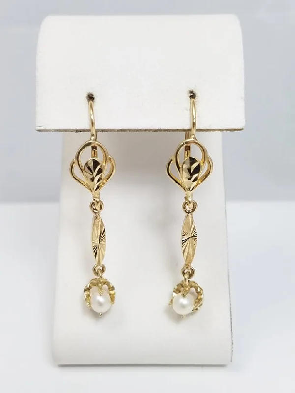 Gold Plated Earrings-Fancy 10k Yellow Gold Cultured Dangle Earrings